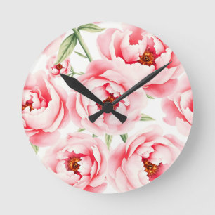 Pink Peony Blooms Watercolor Pattern Round Clock