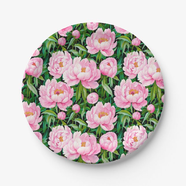 Pink Peony Blossoms on a Leafy Background  Paper Plate (Front)