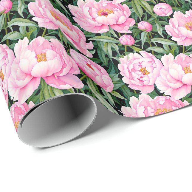 Pink Peony Blossoms on a Leafy Background  Wrapping Paper (Roll Corner)