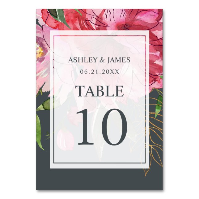 Pink Peony Boho Chic Floral Botanical Wedding Table Number (Front)