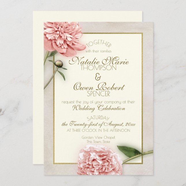 Pink Peony Botanical Wedding Invitation (Front/Back)