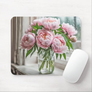 Pink Peony Bouquet By a Rainy Window Mouse Pad