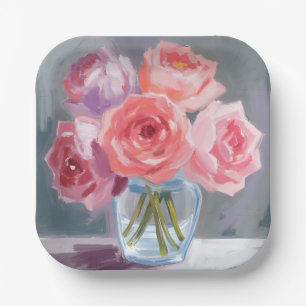 Pink Peony Bouquet Floral Watercolor Painted Paper Plate