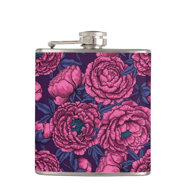 Pink peony bouquet hip flask (Front)