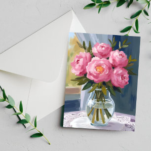 Pink Peony Bouquet Watercolor Floral Painting Card