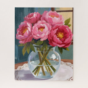 Pink Peony Bouquet Watercolor Floral Painting Jigsaw Puzzle