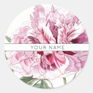 PINK PEONY CLASSIC ROUND CUSTOM NAME STICKER