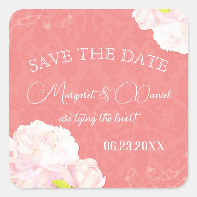 Pink Peony Coral Wedding Save the Date Square Sticker (Front)