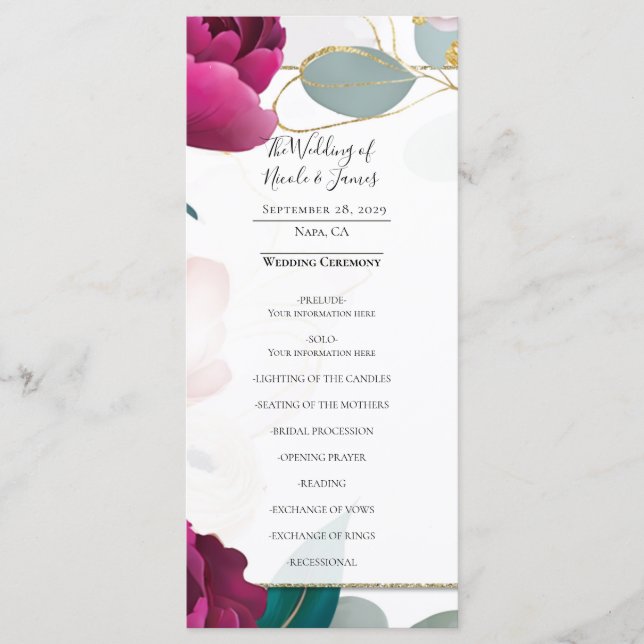 Pink Peony Eucalyptus Garden Floral Glam Wedding  Menu (Front)