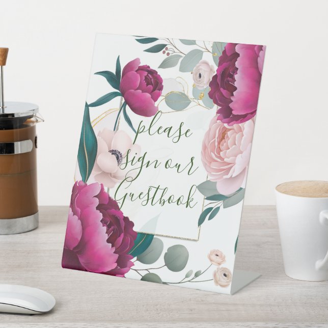 Pink Peony Eucalyptus Garden Floral Glam Wedding  Pedestal Sign (In SItu)