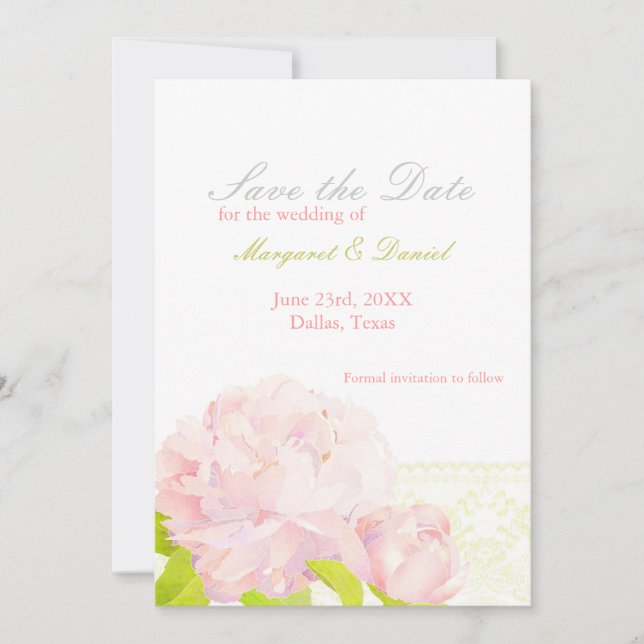 Pink Peony Faux Lace Wedding Save The Date (Front)