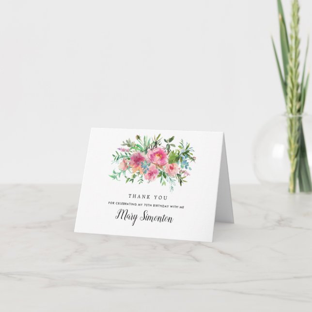 Pink Peony Floral 70th Birthday Photo Thank You Card (Front)