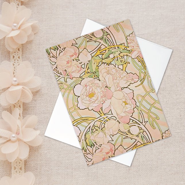 Pink Peony Floral Alphonse Mucha Note Card (Creator Uploaded)