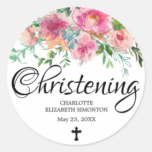 Pink Peony Floral and Cross Christening Classic Round Sticker (Front)