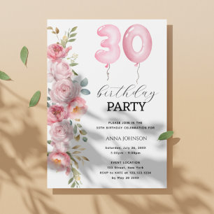 Pink  Peony Floral Balloon 30th Birthday Party  Invitation