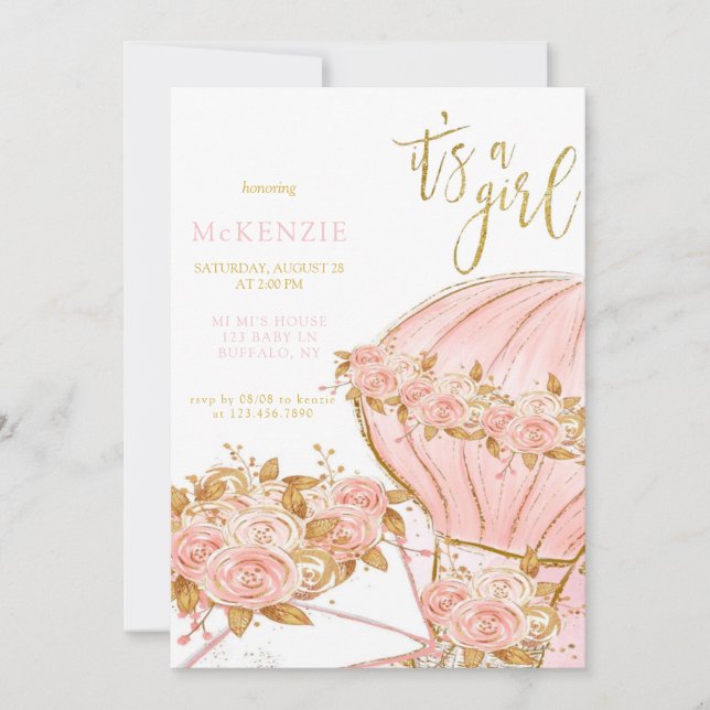 Pink Peony Floral Balloon Girl Baby Shower Invitation (Front)