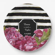 Pink Peony Floral Black White Stripe Paper Plates