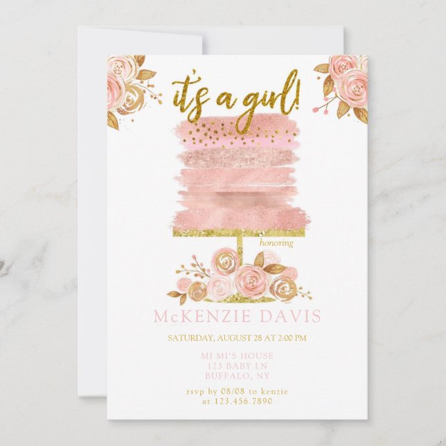Pink Peony Floral Cake Girl Baby Shower Invitation (Front)