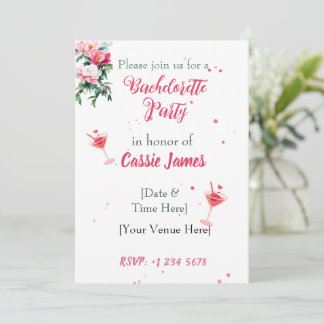 Pink Peony Floral Cocktail Bachelorette  Invitation