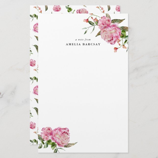 Pink Peony Floral Custom Stationery (Front/Back)