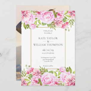 Pink Peony Floral Gold Geometric Photo Wedding Invitation