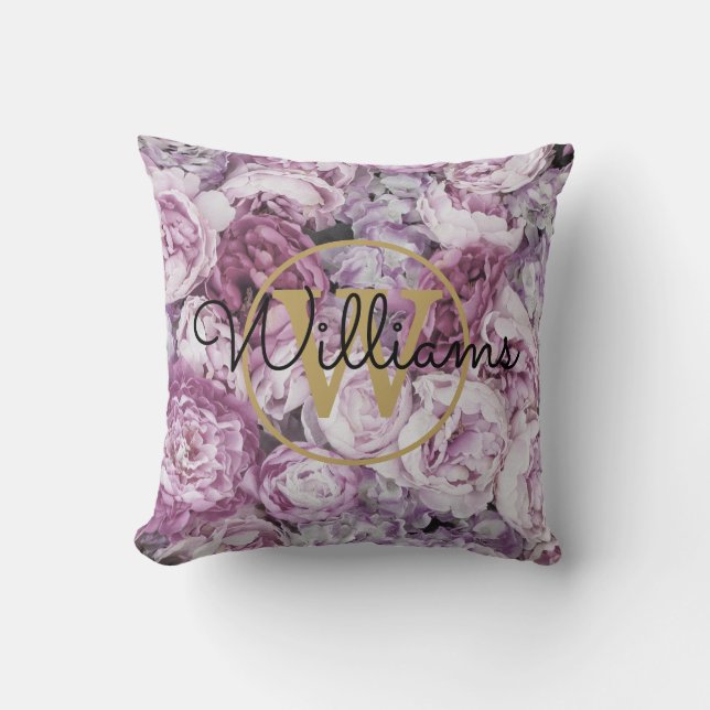 Pink Peony Floral Gold Monogram Name Cushion (Front)