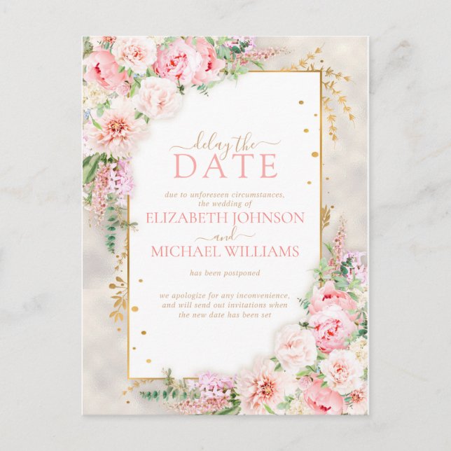 Pink Peony Floral Gold Script & Frame Delay Date Postcard (Front)