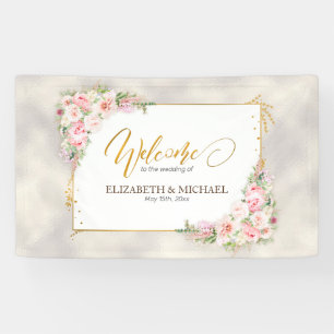 Pink Peony Floral Gold Script & Frame Wedding Banner