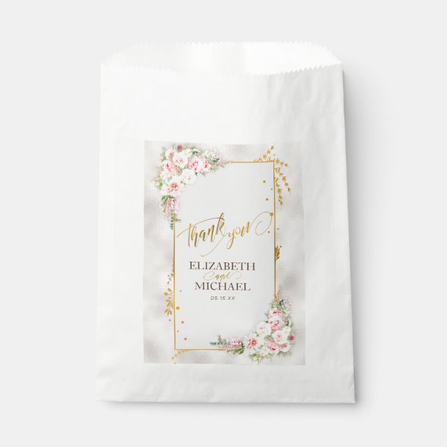 Pink Peony Floral Gold Script & Frame Wedding Favour Bags (Front)