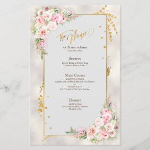 Pink Peony Floral Gold Script & Frame Wedding Menu