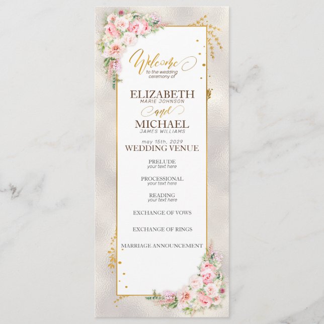Pink Peony Floral Gold Script & Frame Wedding Programme (Front)