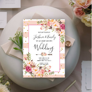 Pink Peony Floral Gold Wedding Invitation