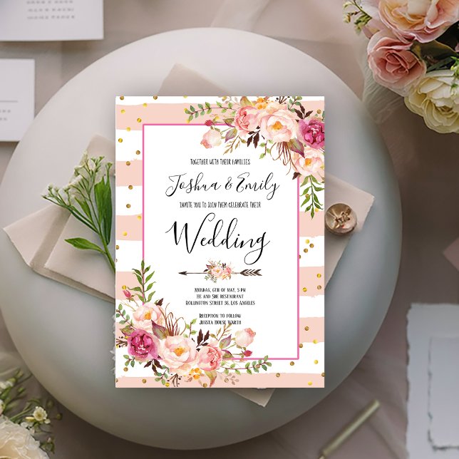 Pink Peony Floral Gold Wedding Invitation (Creator Uploaded)
