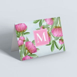 Pink Peony Floral Monogram Personalised Note Card