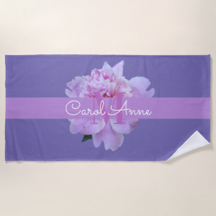 Pink Peony Floral  Monogram Purple Beach Towel