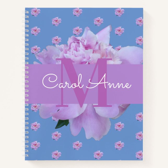 Pink Peony Floral  Monogram Purple Blue Notebook (Front)