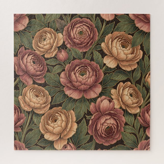 Pink Peony Floral Pattern Dark Background Gold  Jigsaw Puzzle (Vertical)