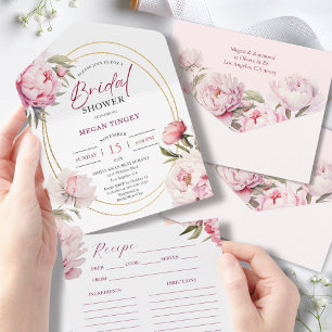 Pink Peony Floral Recipe Bridal Shower  All In One Invitation