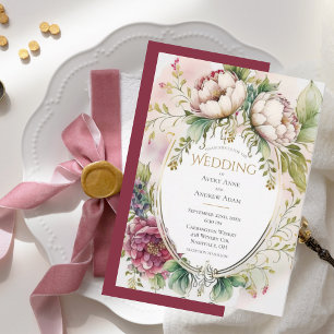 Pink Peony Floral Vintage Wedding Invitation