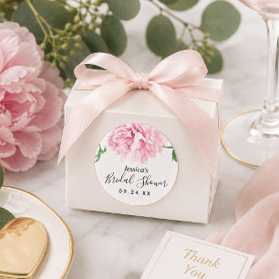 Pink Peony Floral Watercolor Bridal Shower Classic Round Sticker