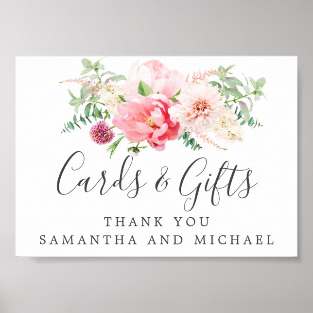Pink Peony Floral Wedding Cards and Gifts Sign (Front)
