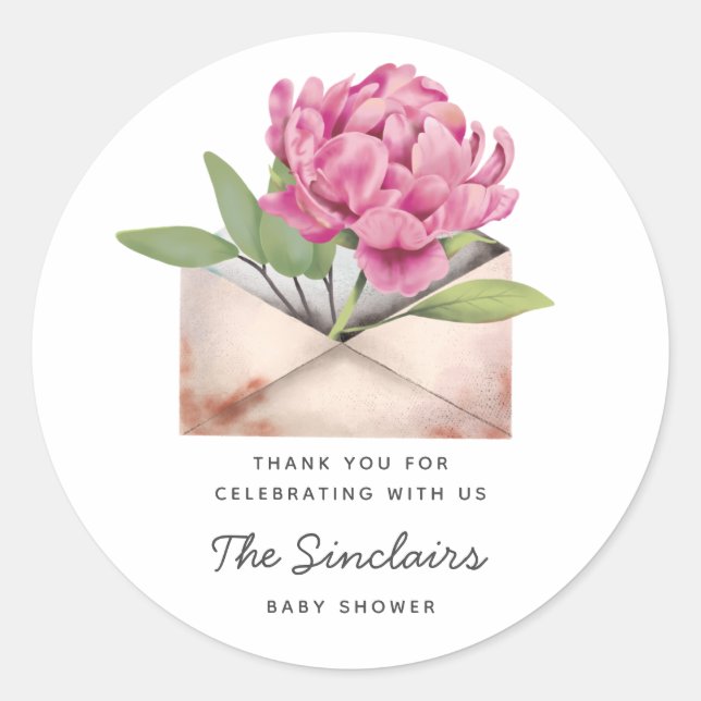 Pink Peony Flower Baby Shower By Mail Favour Classic Round Sticker (Front)