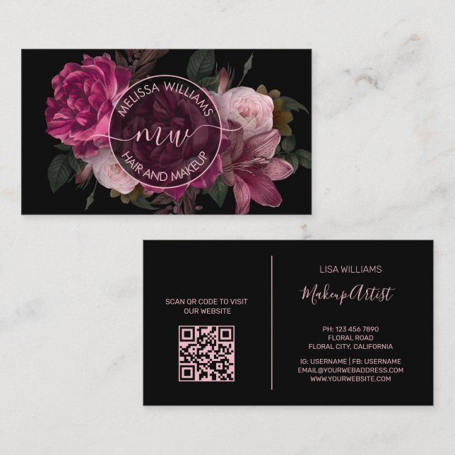 Pink Peony Flower Black Logo Business Card (Front/Back)
