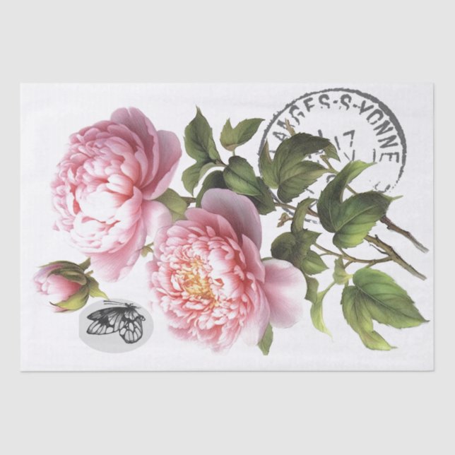 Pink Peony Flower Butterfly French Postmark Craft  Tissue Paper (Front)