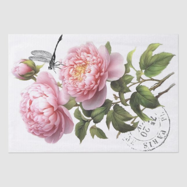Pink Peony Flower Dragonfly French Postmark Craft  Tissue Paper (Front)