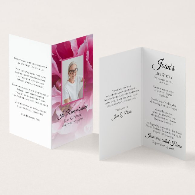 Pink Peony Flower Funeral Service Memorial Prayer Business Card (Inside and Outside)