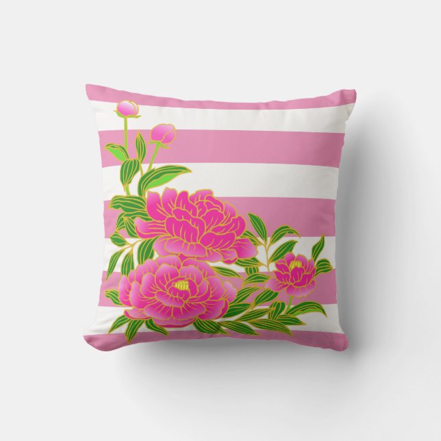 Pink Peony Flower on Striped Background Summer Cushion (Front)