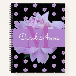 Pink Peony Flower Purple Monogram Black Notebook