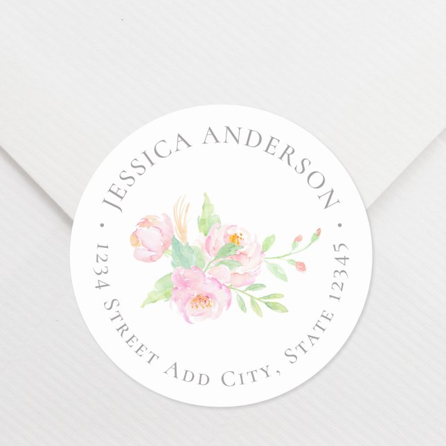 Pink Peony Flower Return Address Classic Round Sticker (Creator Uploaded)