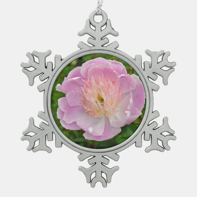 Pink peony flower snowflake pewter christmas ornament (Front)